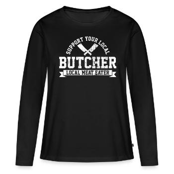 Boucherie locale - T-shirt manches longues Premium bio Femme - noir - Devant - Julia (174cm)