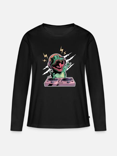Dino Dj Disc Jockey Party Techno Elektro Musik - Frauen Premium Bio Langarmshirt - Schwarz
