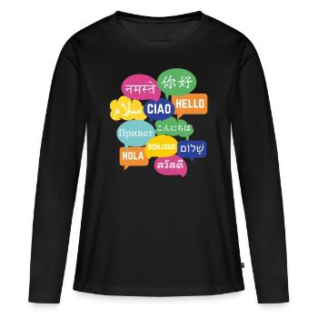 Conception colorée de bulle de discours "Bonjour", de nombreuses langues - T-shirt manches longues Premium bio Femme - noir - Devant - Julia (174cm)