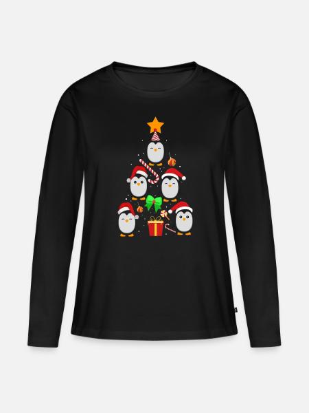 Pinguin Tannenbaum - Frauen Premium Bio Langarmshirt - Schwarz