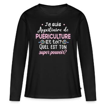 Auxiliaire de puériculture Puéricultrice Métier - T-shirt manches longues Premium bio Femme - noir - Devant - Julia (174cm)