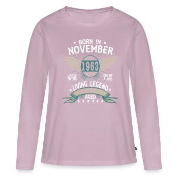 Born in November 1963 - Women's Premium Organic Long Sleeve Shirt - dusky pink - Front - Julia (174cm)