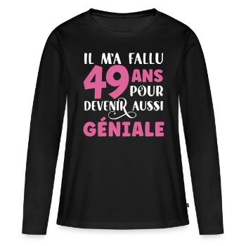 Anniversaire 49 ans, idée cadeau date de naissance - T-shirt manches longues Premium bio Femme - noir - Devant - Julia (174cm)