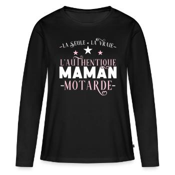 Maman Motarde idée cadeau citation passion moto - T-shirt manches longues Premium bio Femme - noir - Devant - Julia (174cm)
