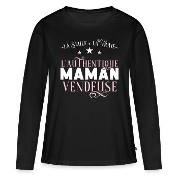 Vendeuse, idée cadeau profession. Citation humour - T-shirt manches longues Premium bio Femme - noir - Devant - Julia (174cm)