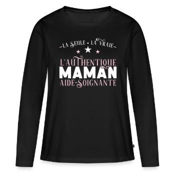 Maman Aide-soignante idée cadeau métier Humour - T-shirt manches longues Premium bio Femme - noir - Devant - Julia (174cm)
