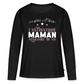 Auxiliaire de vie, idée cadeau aide à domicile - T-shirt manches longues Premium bio Femme - noir - Devant - Julia (174cm)