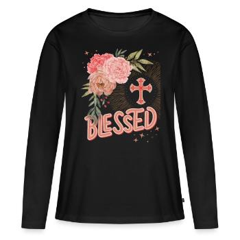 Béni par Jésus, béni par Jésus-Christ - T-shirt manches longues Premium bio Femme - noir - Devant - Julia (174cm)