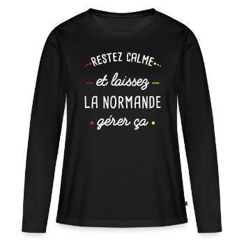 Normandie humour femme normande idée cadeau région - T-shirt manches longues Premium bio Femme - noir - Devant - Julia (174cm)