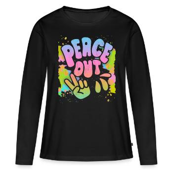 Peace-Out, symbole de paix signe de paix, années 70 - T-shirt manches longues Premium bio Femme - noir - Devant - Julia (174cm)