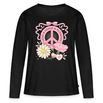 Symbole de paix Signe de paix, Amour-Paix-Fleurs - T-shirt manches longues Premium bio Femme - noir - Devant - Julia (174cm)