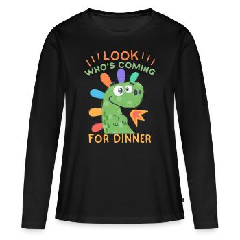Drôle d’invitation dinosaure à dîner - T-shirt manches longues Premium bio Femme - noir - Devant - Julia (174cm)