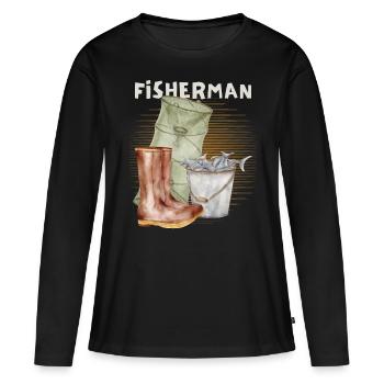 Fisch, Angler, Reuse, Vintage-Fischer Angeln - Frauen Premium Bio Langarmshirt - Schwarz - Vorne - Julia (174cm)