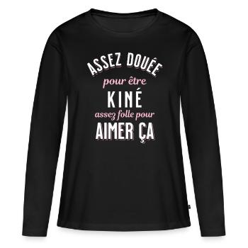 Kiné Cadeau pour Kinésithérapeute Rigolo Humour - T-shirt manches longues Premium bio Femme - noir - Devant - Julia (174cm)
