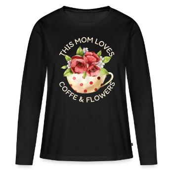 Maman aime le café et les fleurs, tasse de café - T-shirt manches longues Premium bio Femme - noir - Devant - Julia (174cm)