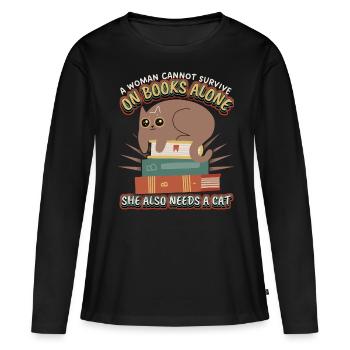 Rat de bibliothèque, livre, lecture, chat, drôle de dicton - T-shirt manches longues Premium bio Femme - noir - Devant - Julia (174cm)