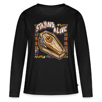 Lustiges Gerippe, Comic Skelett mit Sarg, Spruch - Frauen Premium Bio Langarmshirt - Schwarz - Vorne - Julia (174cm)