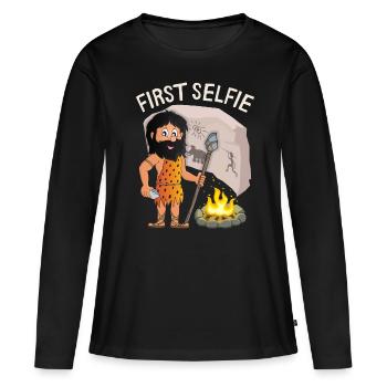 Funny Neanderthal, First Selfie, Saying, Pun - Women's Premium Organic Long Sleeve Shirt - black - Front - Julia (174cm)