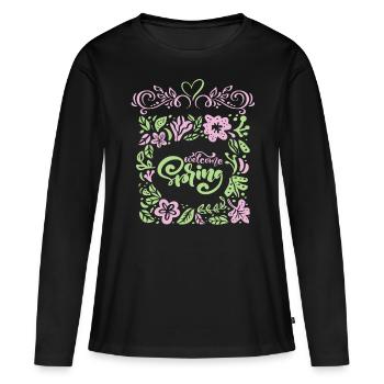 Printemps, Dire Bienvenue-Printemps, Typographie - T-shirt manches longues Premium bio Femme - noir - Devant - Julia (174cm)