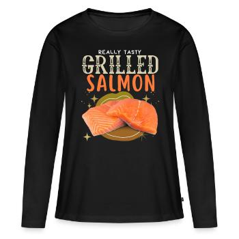 Saumon, Saumon, Pavé de Saumon, Saumon grillé - T-shirt manches longues Premium bio Femme - noir - Devant - Julia (174cm)