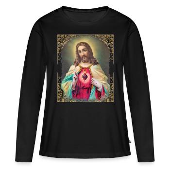 Vintage Jésus-Christ avec coeur flamboyant - T-shirt manches longues Premium bio Femme - noir - Devant - Julia (174cm)