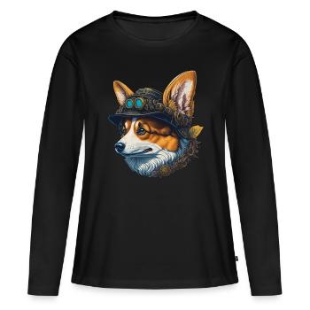 Viktorianischer Steampunk Corgi Hund Design - Frauen Premium Bio Langarmshirt - Schwarz - Vorne - Julia (174cm)