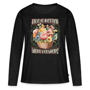 Vintage Blumenkorb, Viktorianische Retro Blumen - Frauen Premium Bio Langarmshirt - Schwarz - Vorne - Julia (174cm)