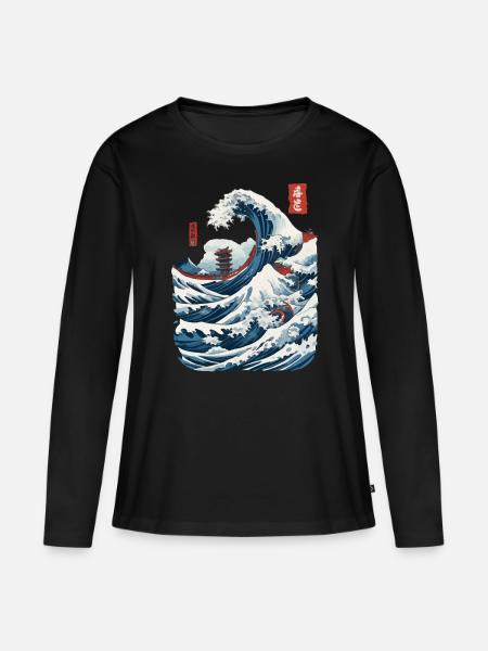 Vintage Japan Ukiyo-E Wave Streetwear Design - Frauen Premium Bio Langarmshirt - Schwarz