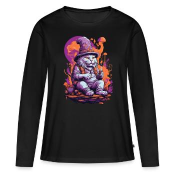 Art psychédélique forêt champignons Goa Trance chat - T-shirt manches longues Premium bio Femme - noir - Devant - Julia (174cm)