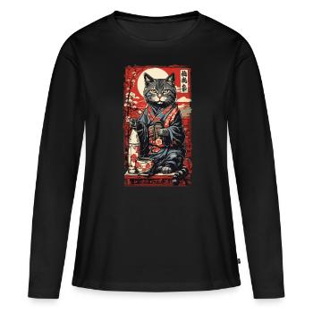 Chat saké japonais Vintage Art - T-shirt manches longues Premium bio Femme - noir - Devant - Julia (174cm)