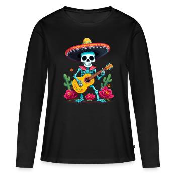 Mexican Mariachi Skeleton Guitarist Fiesta - Women's Premium Organic Long Sleeve Shirt - black - Front - Julia (174cm)