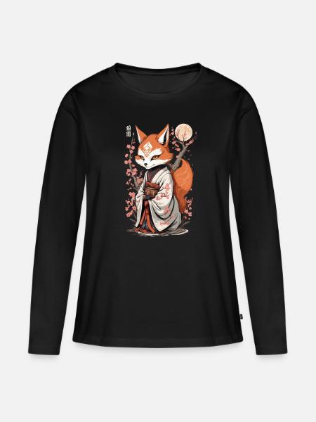 Esthétique Kawaii Kitsune Japonais Kitsune Yokai - T-shirt manches longues Premium bio Femme - noir
