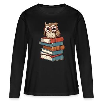 Bücher Eule Für Eulen Liebhaber Und Leseratten - Frauen Premium Bio Langarmshirt - Schwarz - Vorne - Julia (174cm)