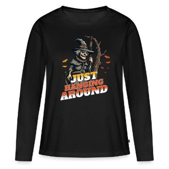 Lustiger Halloween Spruch Just Hanging Around - Frauen Premium Bio Langarmshirt - Schwarz - Vorne - Julia (174cm)