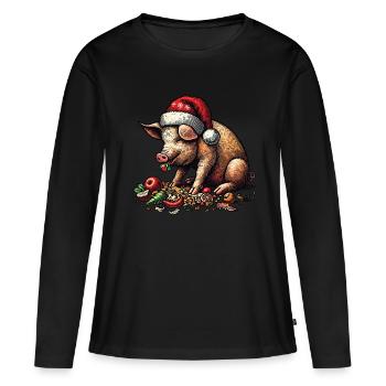 Cochon de Noël à l’appétit festif - T-shirt manches longues Premium bio Femme - noir - Devant - Julia (174cm)