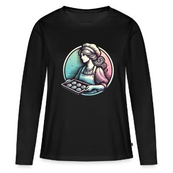 Bäckerin Mit Tablett Frischer Brötchen - Frauen Premium Bio Langarmshirt - Schwarz - Vorne - Julia (174cm)