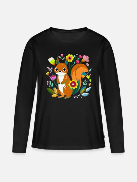 Kleines Eichhörnchen in Blumen - Frauen Premium Bio Langarmshirt - Schwarz