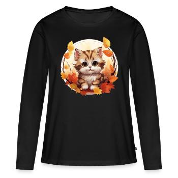 Chat d’automne au coucher du soleil: douce tranquillité - T-shirt manches longues Premium bio Femme - noir - Devant - Julia (174cm)