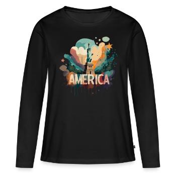 Statue de la Liberté de l’Amérique avec le lettrage de l’Amérique - T-shirt manches longues Premium bio Femme - noir - Devant - Julia (174cm)