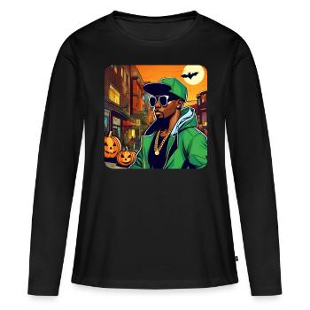 Homme dans le style hip hop avec citrouille et chauve-souris - T-shirt manches longues Premium bio Femme - noir - Devant - Julia (174cm)