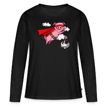 Fliegen-Schwein-lustiges Vieh - Frauen Premium Bio Langarmshirt - Schwarz - Vorne - Julia (174cm)