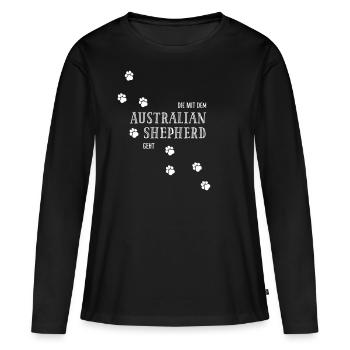 Die mit dem Australian Sheperd geht - Hundepfoten - Frauen Premium Bio Langarmshirt - Schwarz - Vorne - Julia (174cm)