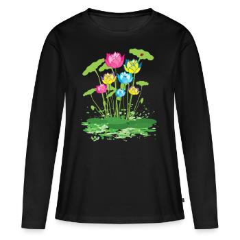 fleurs de nénuphars colorés - T-shirt manches longues Premium bio Femme - noir - Devant - Julia (174cm)