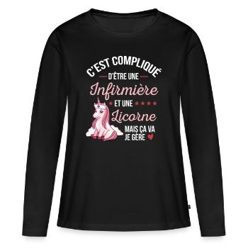 Infirmière et Licorne Humour idée Cadeau - T-shirt manches longues Premium bio Femme - noir - Devant - Julia (174cm)