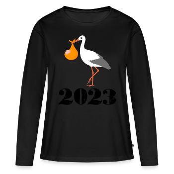 Bébé arrive en 2023, enceinte en 2023, cigogne arrive - T-shirt manches longues Premium bio Femme - noir - Devant - Julia (174cm)