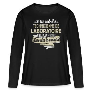 Technicienne laboratoire connerie humour citations - T-shirt manches longues Premium bio Femme - noir - Devant - Julia (174cm)