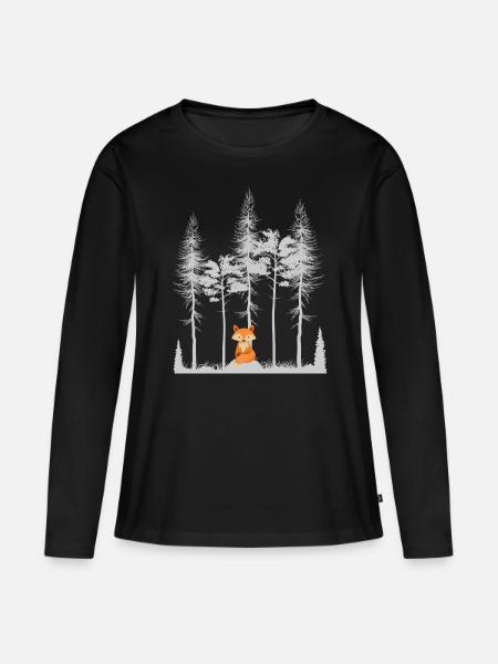 Süßer Fuchs im Wald Retro Muster Vintage Baum Wald - Frauen Premium Bio Langarmshirt - Schwarz