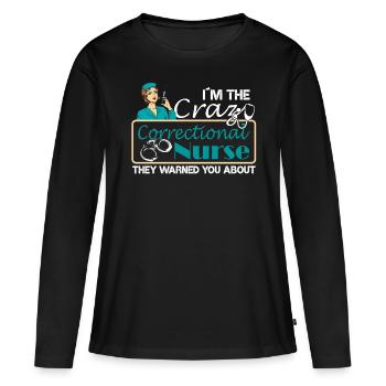 « Je suis l’infirmière de prison folle » - T-shirt manches longues Premium bio Femme - noir - Devant - Julia (174cm)
