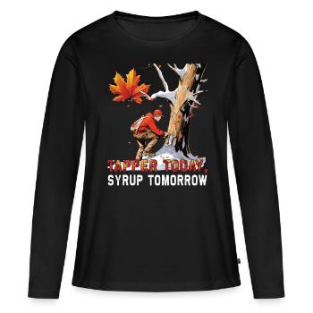 Tapper aujourd’hui, sirop demain - Sucre et sirop d’érable - T-shirt manches longues Premium bio Femme - noir - Devant - Julia (174cm)