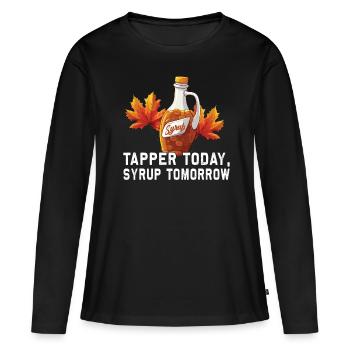 Tapper aujourd’hui, sirop demain - Sucre et sirop d’érable - T-shirt manches longues Premium bio Femme - noir - Devant - Julia (174cm)